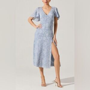 ASTR Light Blue Floral Midi Dress with Flutter Sleeves